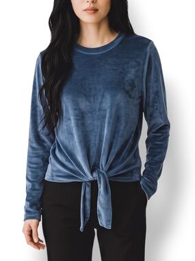 4/$20 Olivia Sky Blue Velour Vertical Stripe Tie Front Long Sleeve Top XL
